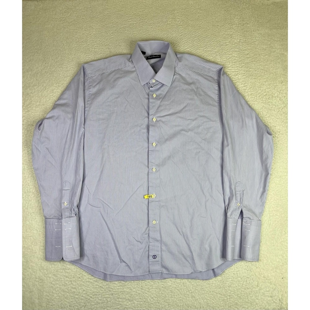 David Donahue Dress Shirt Mens 17.5 34/35 Purple Stripe Regular Fit Cotton LS
